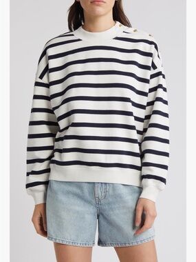 Frame Denim Navy & White Striped Crewneck Sweatshirt with Gold Shoulder Buttons